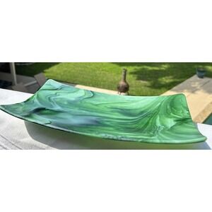 Green Art Glass Trinket Dish Matte finish on top 12 in x 6.75 in